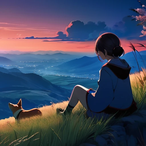 anime landscape of a girl＆cute corgidog sitting on a hill with grasses with dark blue clouds, blue cere madder sky  lightly big bell   with few clouds, anime nature wallpapers, beautiful anime scene, beautiful anime peace scene, Makoto Shinkai Cyril Rolando, beautiful scene of anime, amazing wallpaper, anime art wallpaper 8k, anime background, art anime background, anime 4k wallpaper, anime art 4k wallpaper, anime art 4k wallpaper,  prayer of requiem  prayer of requiem