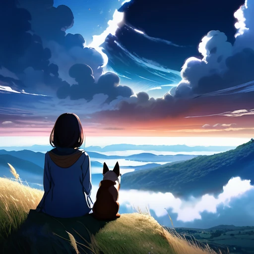 anime landscape of a girl&cute corgidog sitting on a hill with grasses with dark blue clouds, blue cere madder sky lightly big bell with few clouds, anime nature wallpapers, beautiful anime scene, beautiful anime peace scene, Makoto Shinkai Cyril Rolando, beautiful scene of anime, amazing wallpaper, anime art wallpaper 8k, anime background, art anime background, anime 4k wallpaper, anime art 4k wallpaper, anime art 4k wallpaper, prayer of requiem prayer of requiem
