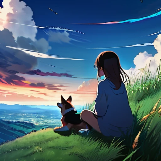 anime landscape of a girl＆cute corgidog sitting on a hill with grasses with dark blue clouds, blue cere madder sky  lightly big bell   with few clouds, anime nature wallpapers, beautiful anime scene, beautiful anime peace scene, Makoto Shinkai Cyril Rolando, beautiful scene of anime, amazing wallpaper, anime art wallpaper 8k, anime background, art anime background, anime 4k wallpaper, anime art 4k wallpaper, anime art 4k wallpaper,  prayer of requiem  prayer of requiem