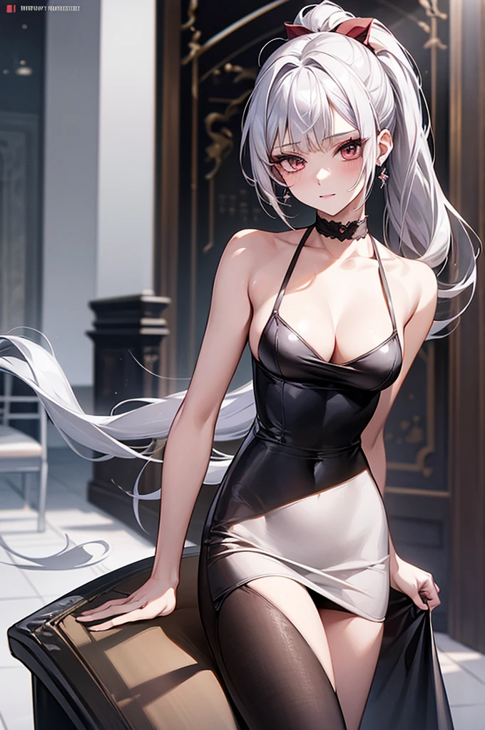 masterpiece, best quality, Silver-haired ponytail, Crimson Conquest, secretary, whole body, sexy, face detail, cat-like face, pretty girl, 21 year old girl, beauty, hyundai, Inside the building