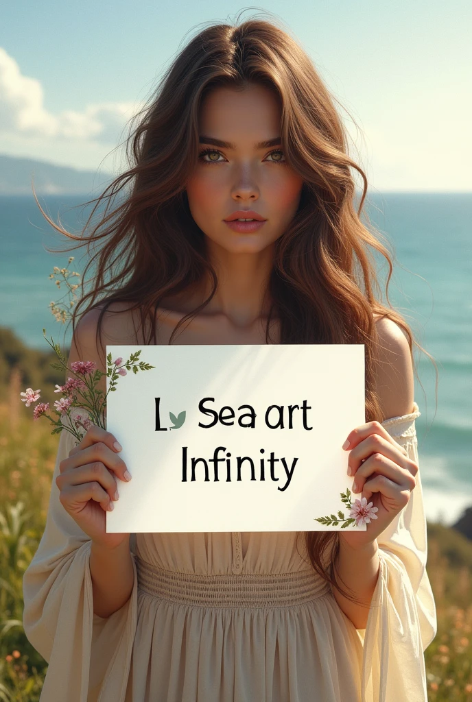 Beautiful girl with wavy long hair, bohemian dress, holding a white board with text "I Love Seaart Infinity" and showing it to the viewer