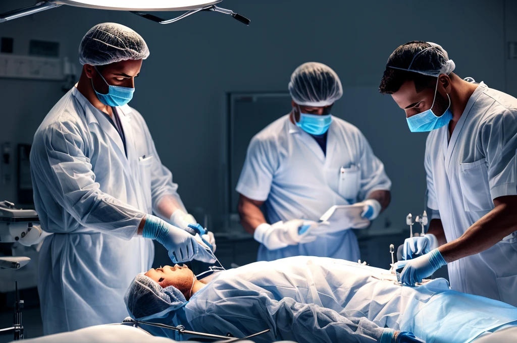 Title: Neurosurgery Scene: Men in White Coats Performing Brain Surgery in a Dimly Lit Environment

Description: Generate an image depicting a scene of men in white coats conducting neurosurgery in a dimly lit setting. The atmosphere should be somber, with subtle lighting casting shadows across the surgical theater. The surgeons, dressed in white coats and surgical masks, should be positioned around the operating table, focused intently on the delicate procedure unfolding before them. Advanced surgical equipment and monitors should be visible, emphasizing the complexity and precision of the operation. The overall mood should convey a sense of intensity and concentration, as the medical team works diligently amidst the subdued lighting of the operating room. s4w3d0ff Blend, some blood from cuts and wounds