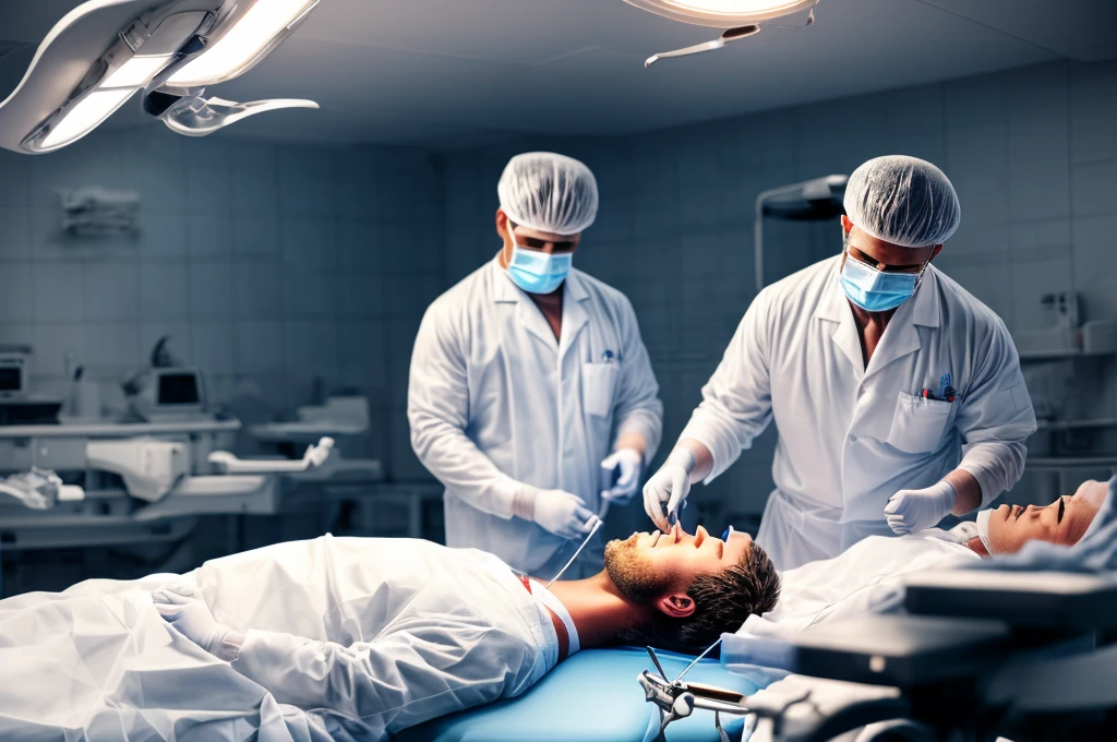 Title: Neurosurgery Scene: Men in White Coats Performing Brain Surgery in a Dimly Lit Environment
Description: Generate an image depicting a scene of men in white coats conducting neurosurgery in a dimly lit setting. The atmosphere should be somber, with subtle lighting casting shadows across the surgical theater. The surgeons, dressed in white coats and surgical masks, should be positioned around the operating table, focused intently on the delicate procedure unfolding before them. Advanced surgical equipment and monitors should be visible, emphasizing the complexity and precision of the operation. The overall mood should convey a sense of intensity and concentration, as the medical team works diligently amidst the subdued lighting of the operating room. s4w3d0ff Blend, some blood from cuts and wounds