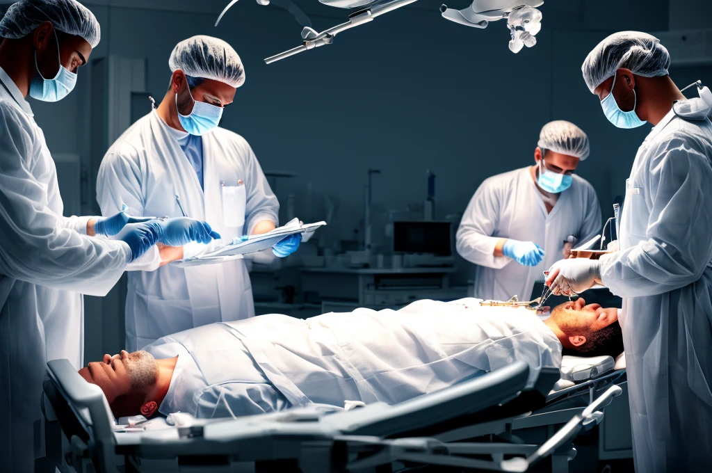 Title: Neurosurgery Scene: Men in White Coats Performing Brain Surgery in a Dimly Lit Environment

Description: Generate an image depicting a scene of men in white coats conducting neurosurgery in a dimly lit setting. The atmosphere should be somber, with subtle lighting casting shadows across the surgical theater. The surgeons, dressed in white coats and surgical masks, should be positioned around the operating table, focused intently on the delicate procedure unfolding before them. Advanced surgical equipment and monitors should be visible, emphasizing the complexity and precision of the operation. The overall mood should convey a sense of intensity and concentration, as the medical team works diligently amidst the subdued lighting of the operating room. s4w3d0ff Blend, some blood from cuts and wounds