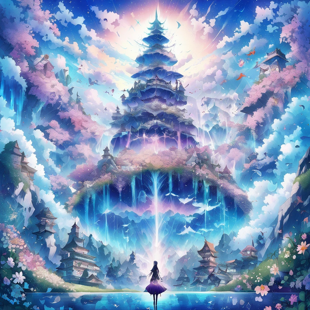 Spring Morning, aesthetic, "a whimsical spring morning world adventure into the center of a magical spring flower galaxy made of stars on a starry sky, skyrim! spring flower blooming" double exposure collage art illustration, sparkly glowing waterfalls, flying islands, rising sun, fantasy, hdr, sparkles, vibrant, surrealism, hyperdetailed, hypermaximalist illustration by Meg Chikhani, Victo_Ngai, Rlon, Andreas_Lie, Android_Jones, by artist "anime", Anime Key Visual, Japanese Manga, Pixiv, Zerochan, Anime art, Fantia