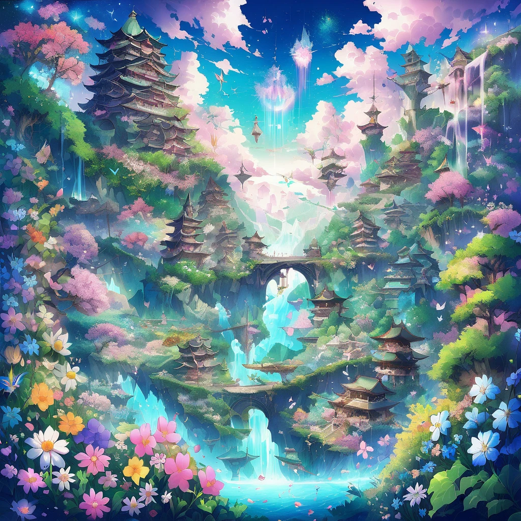Spring Morning, aesthetic, "a whimsical spring morning world adventure into the center of a magical spring flower galaxy made of stars on a starry sky, skyrim! spring flower blooming" double exposure collage art illustration, sparkly glowing waterfalls, flying islands, rising sun, fantasy, hdr, sparkles, vibrant, surrealism, hyperdetailed, hypermaximalist illustration by Meg Chikhani, Victo_Ngai, Rlon, Andreas_Lie, Android_Jones, by artist "anime", Anime Key Visual, Japanese Manga, Pixiv, Zerochan, Anime art, Fantia