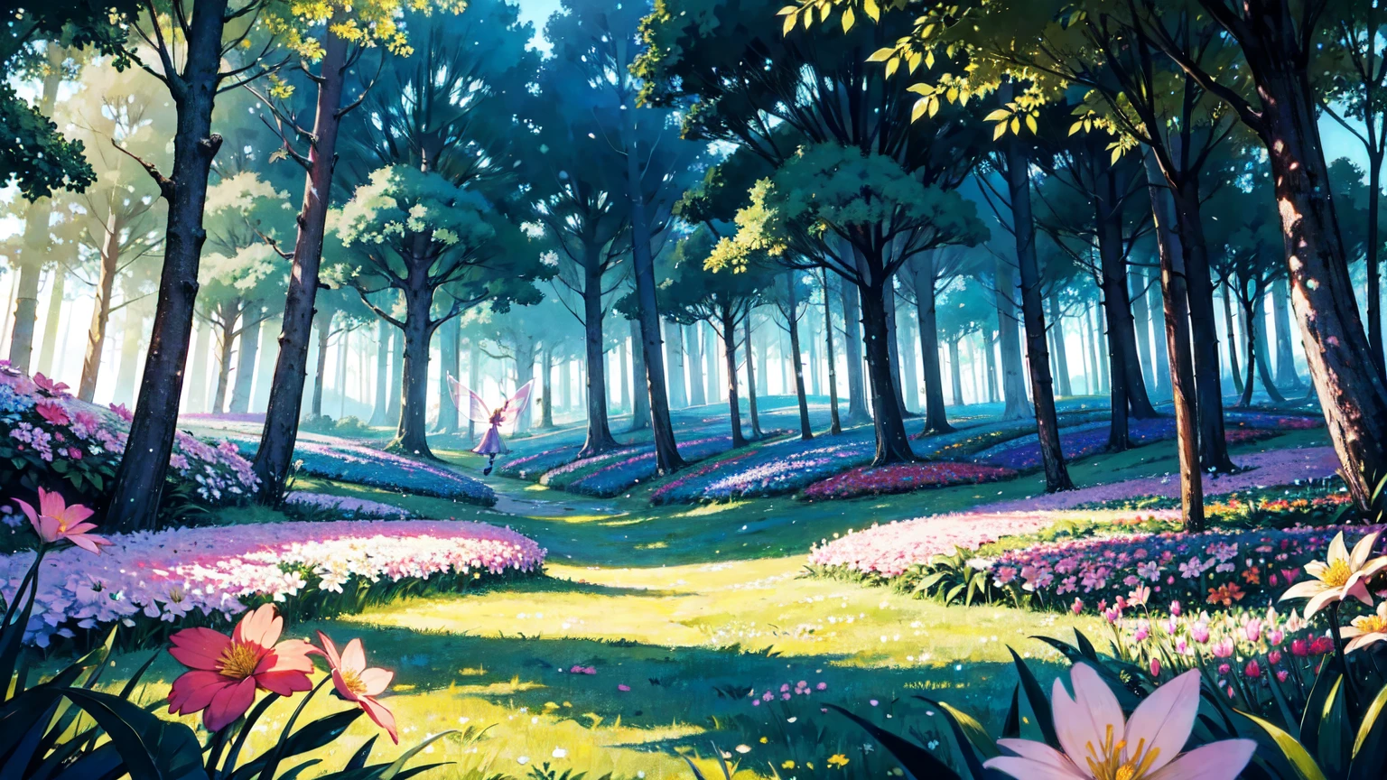 The backdrop is a peaceful, colorful setting in a vivid forest, uninhabited and full of flowers. Glowing little fairies are flying around. Background only. Evening. Nostalgic, fantastic.