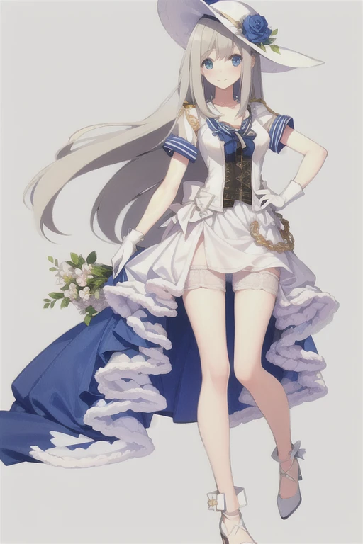 lexington \(warship girls r\),((Best quality))), ((Ultra-detailed)), ((illustration)), ((Disheveled hair)), ((frilld)), (1 girl), (Solo),,1girl, flower, hat, rose, solo, standing, white_rose, rating:safe, belt, black_footwear, blue_dress, blue_hat, blue_headwear, boots, borzoi, clothing, cross-laced_footwear, dog, dress, female, female_only, footwear, gloves, hat_flower, headwear, long_hair, looking_at_viewer, makaria, smile, white_gloves, flaxen long hair(delicate hair),blue eyes(delicate eyes),