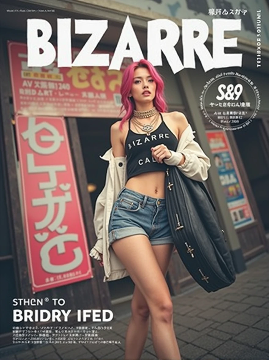 Poster layout for adult video, with text on screen: "BIZARRE,MAGAZINE,SM,TOKYO,MONTHLY,THIS CONTENTS OF THE MAGAZINE SONDAGE AND BODY ART, AV Debut!".(((Japanese woman carrying a large black guitar case))), 26 year old adult woman wearing a black crew neck top with large English letters on her chest and short blue jeans posing for a photo, busty female porn actor, dynamic pose, model pose for rock music magazine, unimaginably beautiful woman with slender curves, Japanese female fashion model, (((very bright pink hair))), happy, thick chain jewelry around neck and arms, (((in front of a strip theater in Asakusa))), pure and beautiful smile, intelligent face, slender curves, big breasts, wearing a black t-shirt, a very small leather jacket, denim shorts, (((extreme low angle))), null, building, carrying a black guitar case with a guitar strap attached
