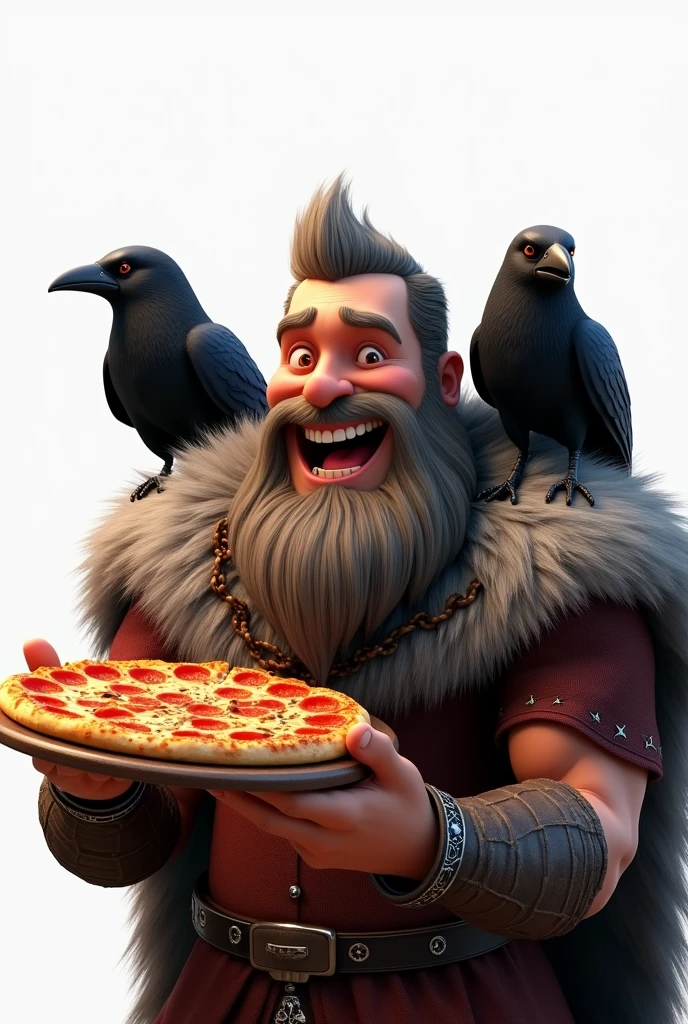 Illustration of smiling viking man eating pizza, insane smile, brown skin man with a giant grin, smiling happily at the camera, Valhalla Hall, two crows on the shoulder, gray hair, laughing huge smile, drawing in 3D Art style, C4D, pure white color background, Disney style, pixar style render illustration Super Detail, 8k