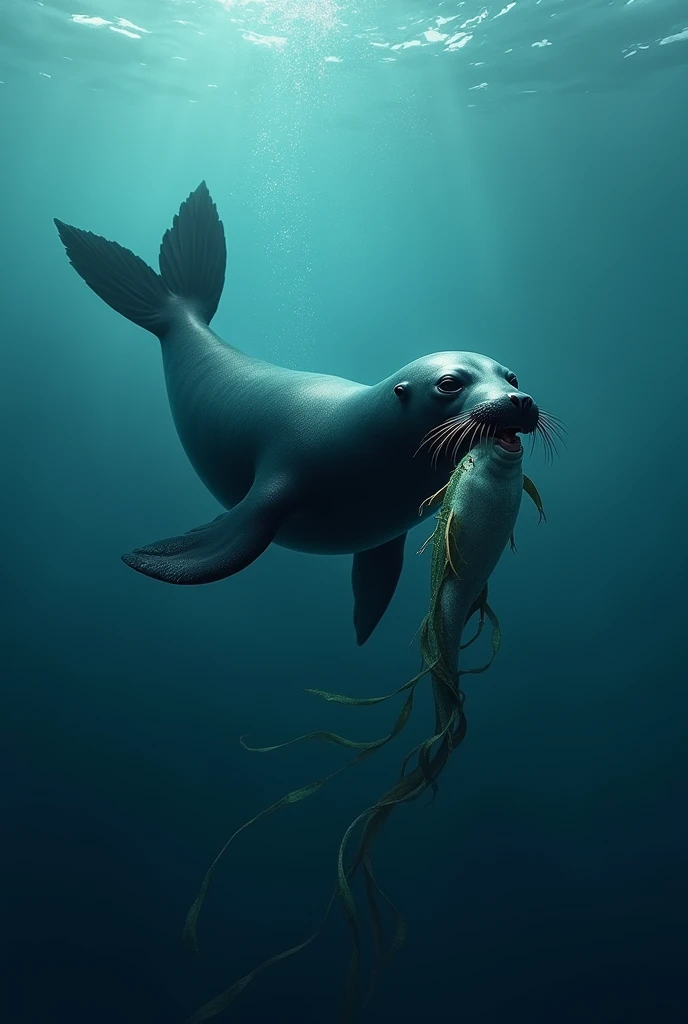 seal on the sea eating meat