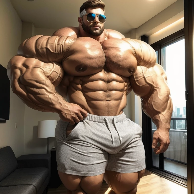 hyper growth, hyper muscles, a very handsome young man, white skin, sunglasses, shirtless wearing gray shorts, exaggeratedly huge body, exaggeratedly muscular, exaggeratedly huge muscles, exaggeratedly huge arms, biceps and shoulders, with exaggeratedly huge pecs, with an exaggeratedly huge bulge, standing in an apartment