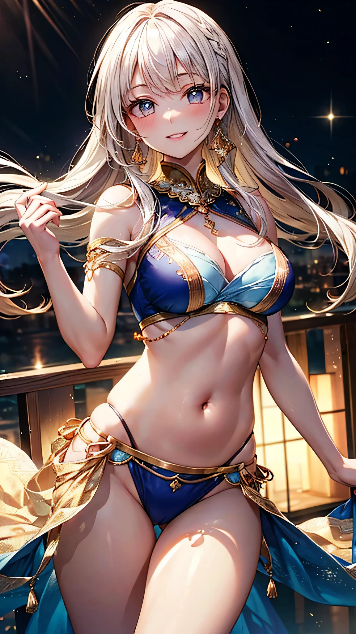 ((Highest quality, High resolution, masterpiece, detailed)),
Faint lighting, Depth of written boundary, View your viewers, Anatomically correct, woman, Perfect Face, Cute and symmetrical face,
Beautiful Hair, Beautiful Face, Beautiful Eyes, Beautiful body, Beautiful breasts, Beautiful belly button, Beautiful waistline, Beautiful thighs, Beautiful legs,
(Long Hair, Platinum Blonde Hair), (smile, Part your lips),
(Arabian dancer costumes, Delicate embroidery), Fantastic, (Beautiful views),