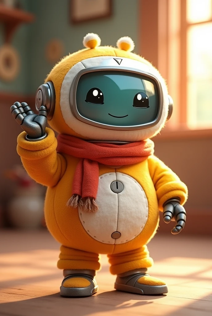 Friendly chubby little robot wearing clothes and waving with one hand