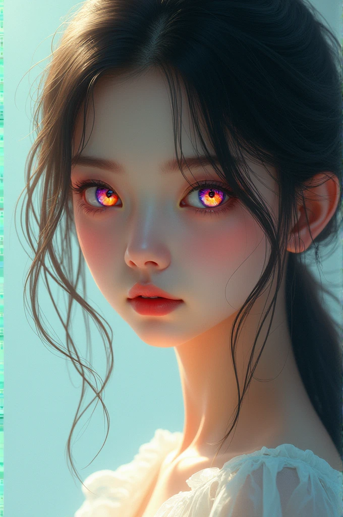 A beautiful girl having colorful eye and wearing white frock 