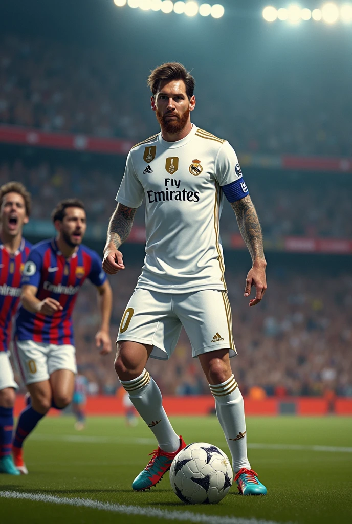 Messi playing for Real Madrid and provoking Barcelona fans 