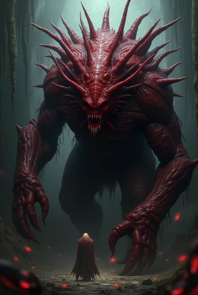 Creature of extreme horror with red shell or membranes.
