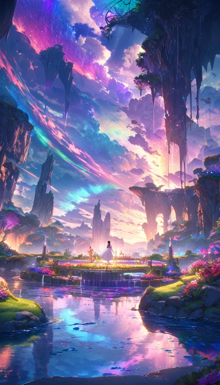 baptism,Baptism,Garden of Eden,Colorful,Dreamy landscape, cloud, light piercing through the cloud, Reflection on the surface of the water, Gentle waterfall,flower々,Quiet atmosphere, Richness in details, Surreal beauty, Magical Aura, Fantasy Landscape, High quality digital art, Vibrant colors, Fantastic lighting, Enchanting atmosphere, Artistic Expression, Otherworldly feeling, Beautiful brushwork, Magnificent View, Peaceful tranquility, Immersive Experience, Breathtaking views, Picturesque views, Mysterious charm, Mysterious atmosphere, Nuances, A magical dream.There are no people