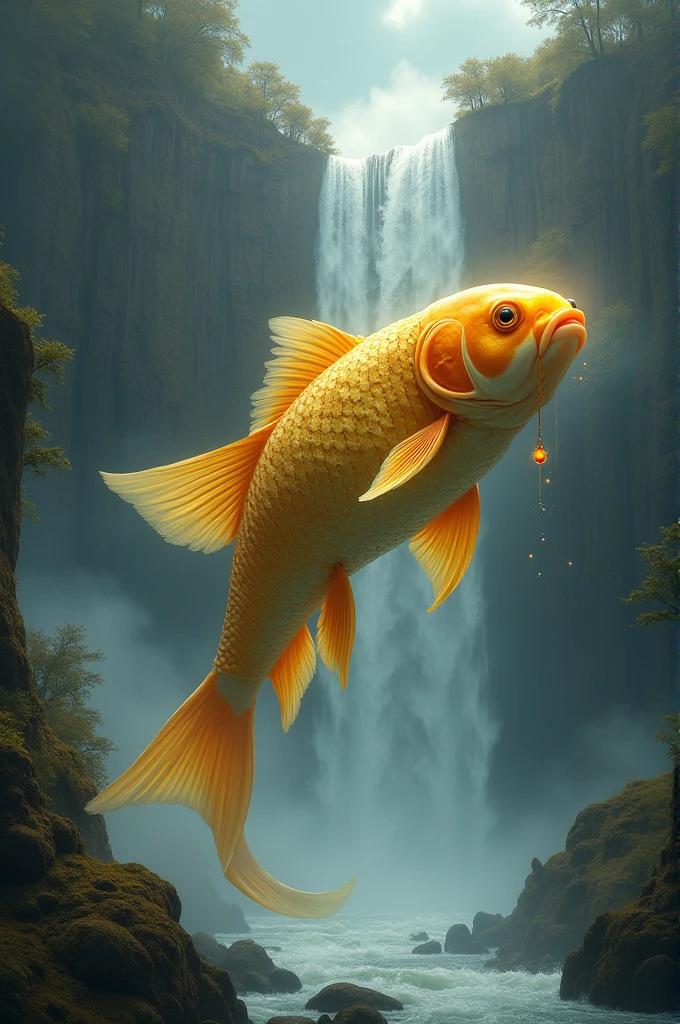 Golden fish holding precious jewel on the mysterious waterfall falling from the majestic cliff