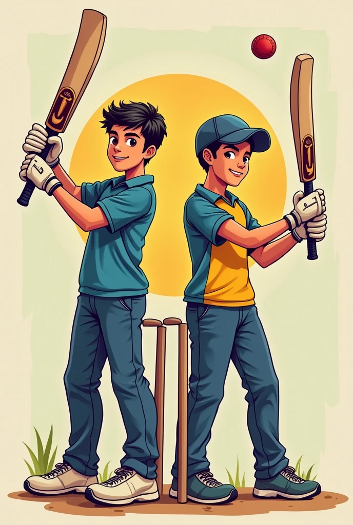 Draw a youtube thumbnail for gully cricket vlog video with two boys with bat and ball , a stylish text on middle "cricket vlog " ,and name in corner "indrajeet Yadav"