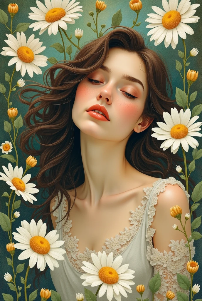 Create a painting of a woman with daisy flowers in the art nouveau painting style of Alfonso Mucha 