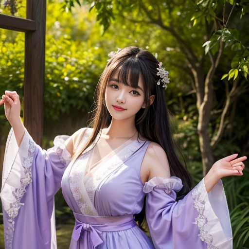 best quality, Delicate face，beautiful visual work, lifelike, eternity, black hair, Long curly hair, blunt bangs, Smile, Detailed Background, Delicate face，blush，cold，((masterpiece))、(top quality)、8k、high detail、Super detailed，31-year-old female，身穿唐制Hanfu、waist skirt, Clothes are light and fluffy，Hanfu, wide sleeves, Transparent sleeves, Long sleeve, Tunic, Clothes made of chiffon, masterpiece、born、Scenes resembling fairy tale illustrations、intricate details和複雜的設計、Beautifully、magic、capricious、 Beautifully、Dream aesthetics、「𝓡𝓸𝓶𝓪𝓷𝓽𝓲𝓬、ethereal、charming、fickle、magic」、realism、Visual effects、FXAA、SSAO、Shader、voiceless、ambient lighting、Tone mapping、High resolution、Ultra high quality、Million pixels、(8K resolution:1.10)、8k、8k以下、8K resolution、high detail、intricate details， (high quality:1.2、masterpiece:1.2、:1.21)、(31-year-old female:1.21)、(興奮地Smile)、(被dream般的氛圍所包圍、Model diagram，full-body shot，Normal 2 feet，Put your hands behind you，The protrusion of the breast is visible when wearing clothes, Large Breasts, H cup chest, antiquity, Xian Xia, gauze clothes, Soft and fluttering, Fairy, dream, fantasy, light, Elegant, nature, Immortal, romantic, classical, ribbon, light purple clothes，In the forest, Wear tulle，tulle blouse