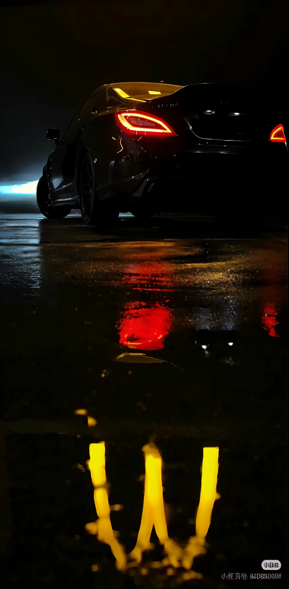 Close up of parked cars on a slippery street at night, Neon reflections in a puddle, Movie Lighting and Reflections, Rim Lighting and Caustics, Sleek LED, Wet dark road, Dark and wet road, wet reflections, (((Low light))), Dramatic Lighting))), Movie Lenses!, ✨🕌🌙, Red and movie lights, Rainy night, wet reflections地面