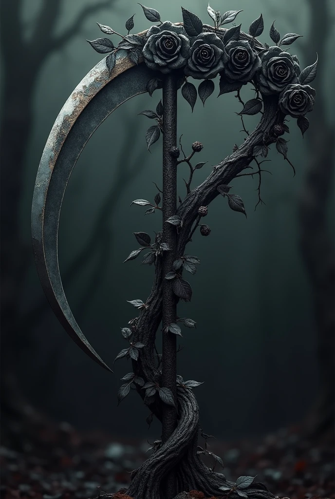 A scythe with black roses on it large larger blade


