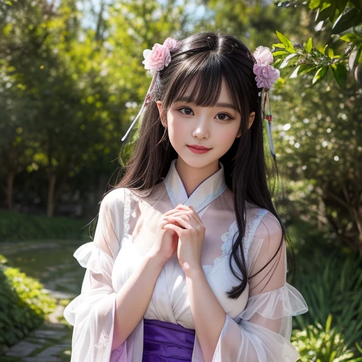 best quality, Delicate face,beautiful visual work, lifelike, eternity, black hair, Long curly hair, blunt bangs, Smile, Detailed Background, Delicate face,blush,cold,((masterpiece))、(top quality)、8k、high detail、Super detailed,31-year-old female,身穿唐制Hanfu、waist skirt, Clothes are light and fluffy,Hanfu, wide sleeves, Transparent sleeves, Long sleeve, Tunic, Clothes made of chiffon, masterpiece、born、Scenes resembling fairy tale illustrations、intricate details和複雜的設計、Beautifully、magic、capricious、 Beautifully、Dream aesthetics、「𝓡𝓸𝓶𝓪𝓷𝓽𝓲𝓬、ethereal、charming、fickle、magic」、realism、Visual effects、FXAA、SSAO、Shader、voiceless、ambient lighting、Tone mapping、High resolution、Ultra high quality、Million pixels、(8K resolution:1.10)、8k、8k以下、8K resolution、high detail、intricate details, (high quality:1.2、masterpiece:1.2、:1.21)、(31-year-old female:1.21)、(興奮地Smile)、(被dream般的氛圍所包圍、Model diagram,full-body shot,Normal 2 feet,Put your hands behind you,The protrusion of the breast is visible when wearing clothes, Large Breasts, H cup chest, antiquity, Xian Xia, gauze clothes, Soft and fluttering, Fairy, dream, fantasy, light, Elegant, nature, Immortal, romantic, classical, ribbon, light purple clothes,In the forest, Wear tulle,tulle blouse
