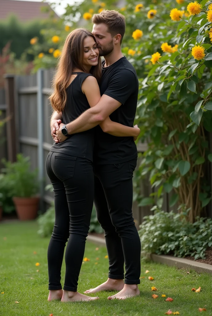 Red-headed, black sweatpants, Barefoot woman kissing man in garden