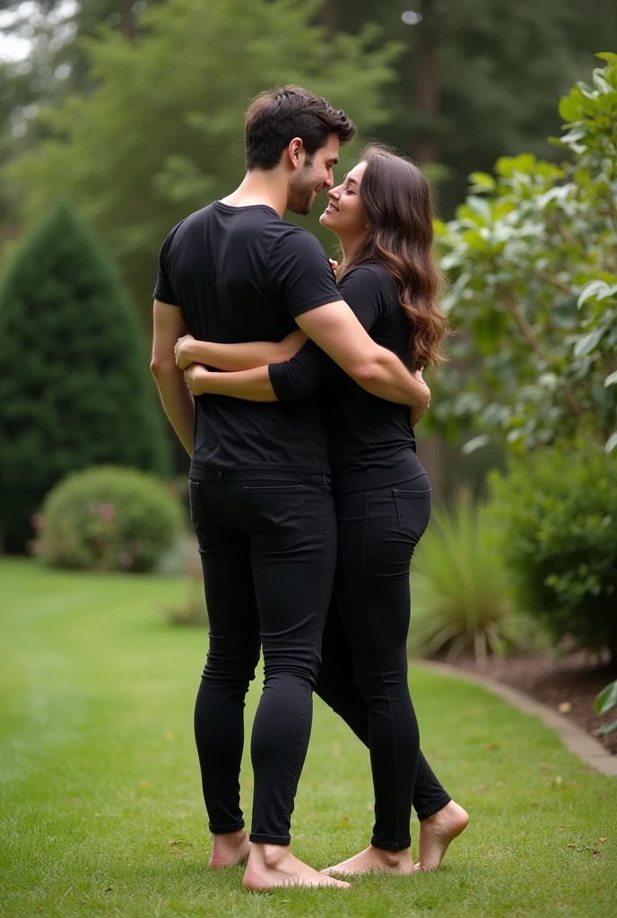 A couple of lovers on a footpath in the forest, a light blond shorthaired man in matte jeans, a lascivious muslim girl, kissing making out, fingering each other, a muslim girl in a shiny black vinyl coat, a shirtless short-haired light blond man in matte jeans, they press against each other, they kiss passionately, they rub their bodies together, they make out , he pulls her to him, she presses against his body, her black vinyl coat shines in the sunshine, she embraces his bare upper body, they lie in each other's arms, love, affection, kissing, erotic