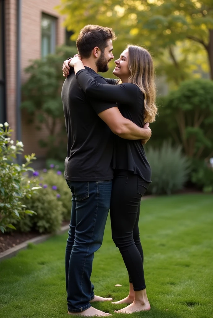 One Couple, looking at viewer, smile, they're hugging each other, outdoors, backlighting, sunset