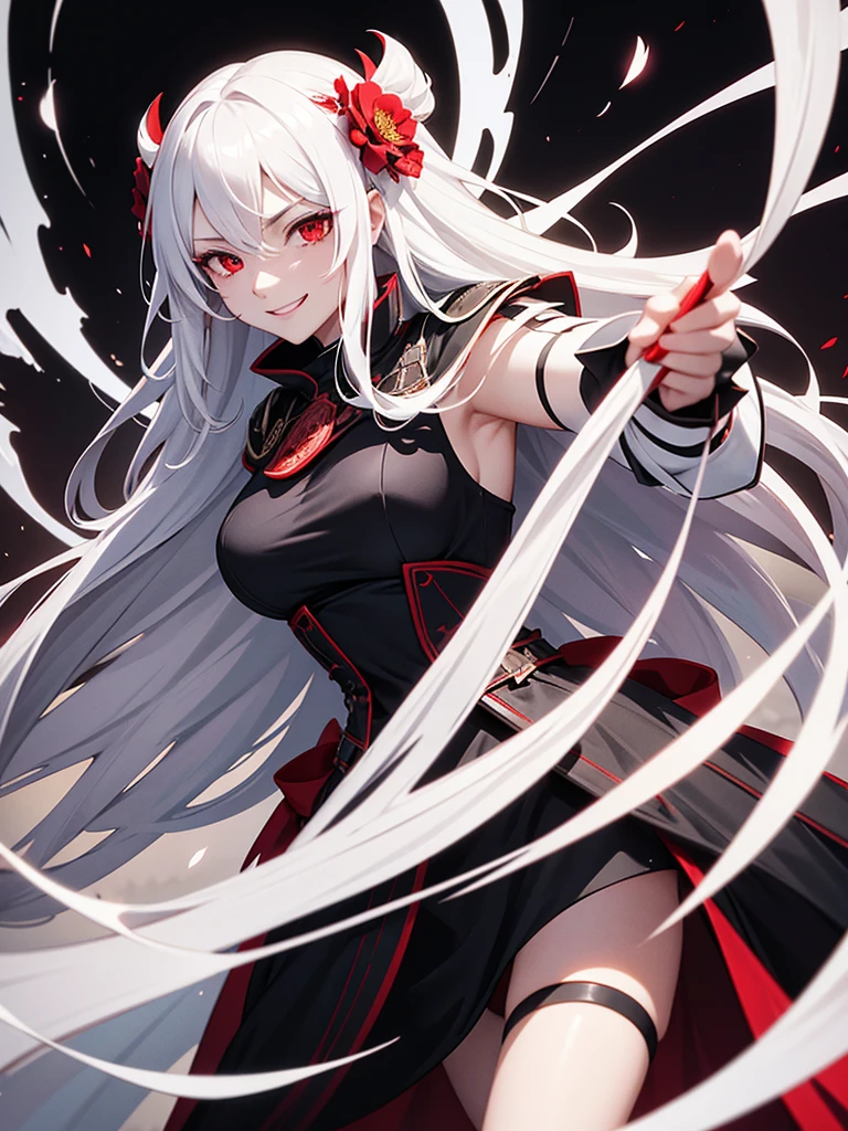 woman, red eyes, white long wavy hair, noble, wearing a black unifrom, fighting with a sword like a female knight, wearing flowers on her head. sadistic smile. cruel