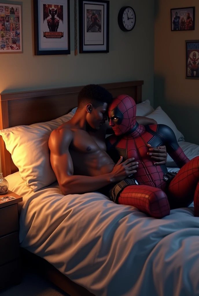 Miles Morales and Deadpool in a bedroom in their underwear lying on the bed getting ready to have sex