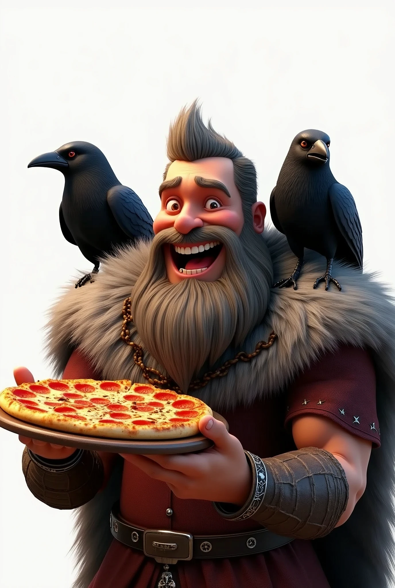 Illustration of smiling viking man eating pizza, insane smile, brown skin man with a giant grin, smiling happily at the camera, Valhalla Hall, two crows on the shoulder, gray hair, laughing huge smile, drawing in 3D Art style, C4D, pure white color background, Disney  style, pixar style render illustration Super Detail, 8k