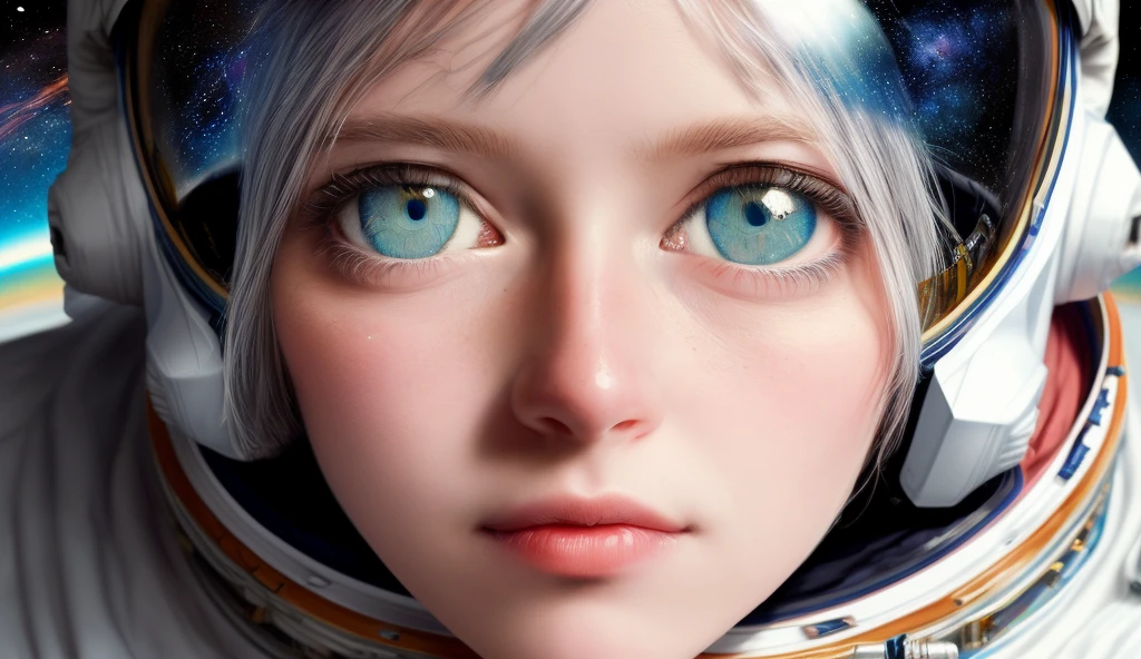 (Close-up of a better masterpiece:1.5)0.9], (Space and astronauts:1.2) (Messy silver hair:1.1) (Heterochromia xanthochromia and blue eyes:1.2) (Space Helmet:1.0) (Colored stars in the eyes:1.0) (A radiant glow:1.1) (thick lips:0.9)