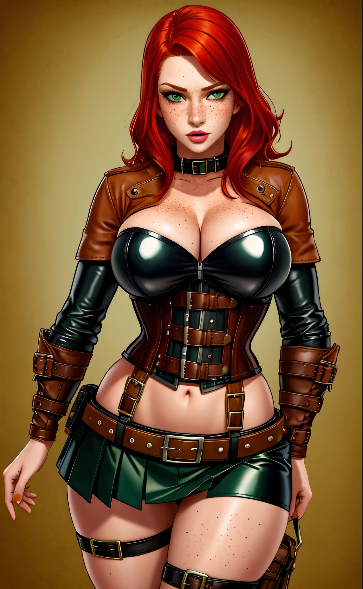 freckles, woman, black hair, cleavage, beltcore, beltpunk, leather belts, green eyes, covered in belts, belts and belts, leather skirt, lewd, sexy, cameltoe, corset, bustier