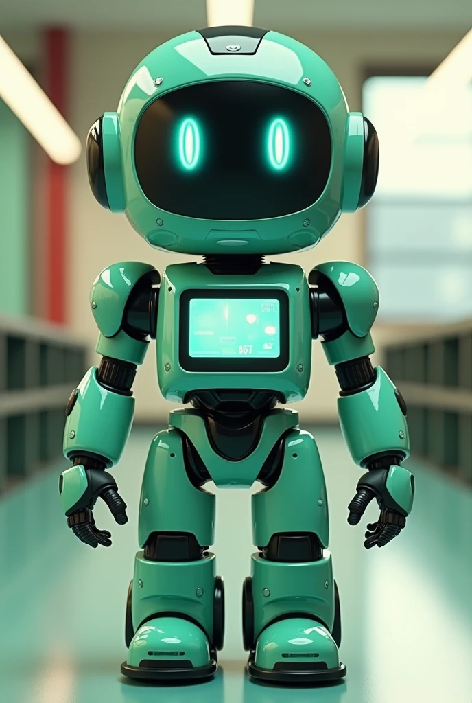 First aid robot in a school and in ,Have some screen or monitor on your chest, Green and child-friendly, wearing a doctor's coat and having several compartments