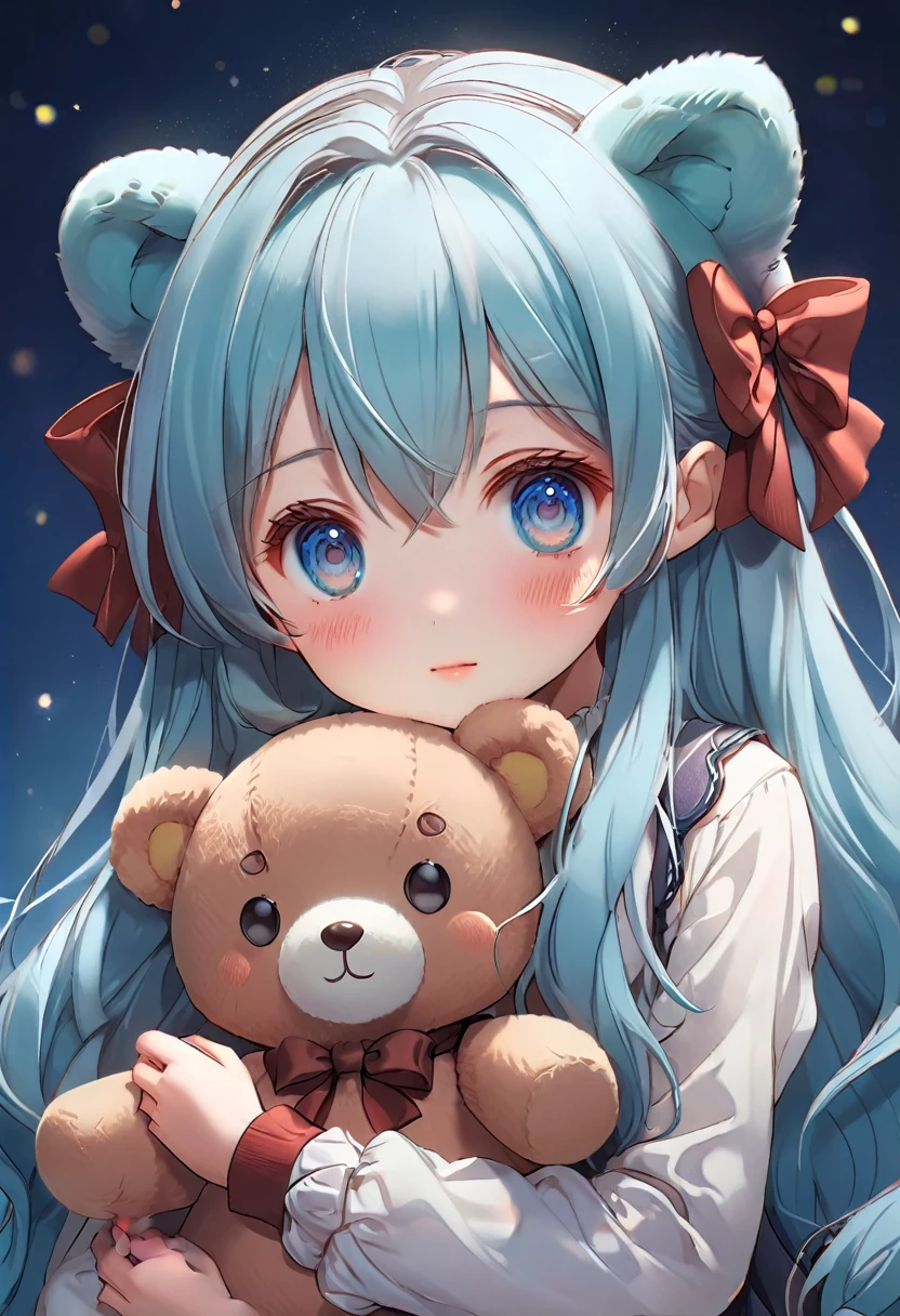 solo,, masterpiece, best quality, extremely detailed, (illustration, official art:1.1), 1 girl ,(((( light blue long hair)))), ,(((( light blue long hair)))),light blue hair, , long hair ((blush)) , cute face, big eyes, (best quality, masterpiece, highres), Long-haired anime girl holding teddy bear in her arms, Cute anime girl, Anime Girl with Long Hair, Cute Anime, Anime visuals of cute girls, Beautiful anime girl, an anime girl, young anime girl, soft anime illustration, Anime Girl, cute anime style, portrait of cute anime girlbabes, pretty anime girl, (Anime Girl), cute kawaii girl
