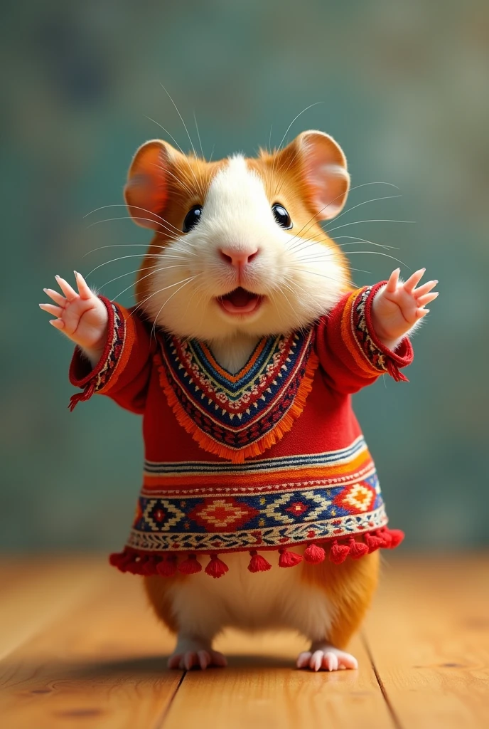 Create a guinea pig dressed in a Peruvian costume jumping for joy