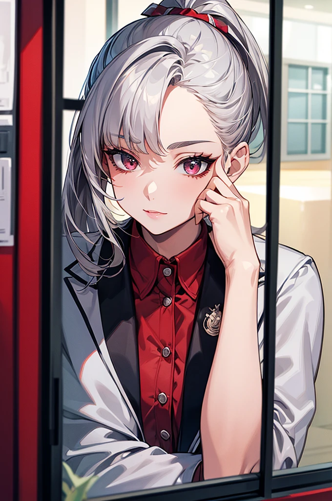 masterpiece, best quality, Silver-haired ponytail, crimson uniform, secretary, whole body, sexy, face detail, cat-like face, pretty girl, 24 year old girl, beauty, hyundai, Inside the building