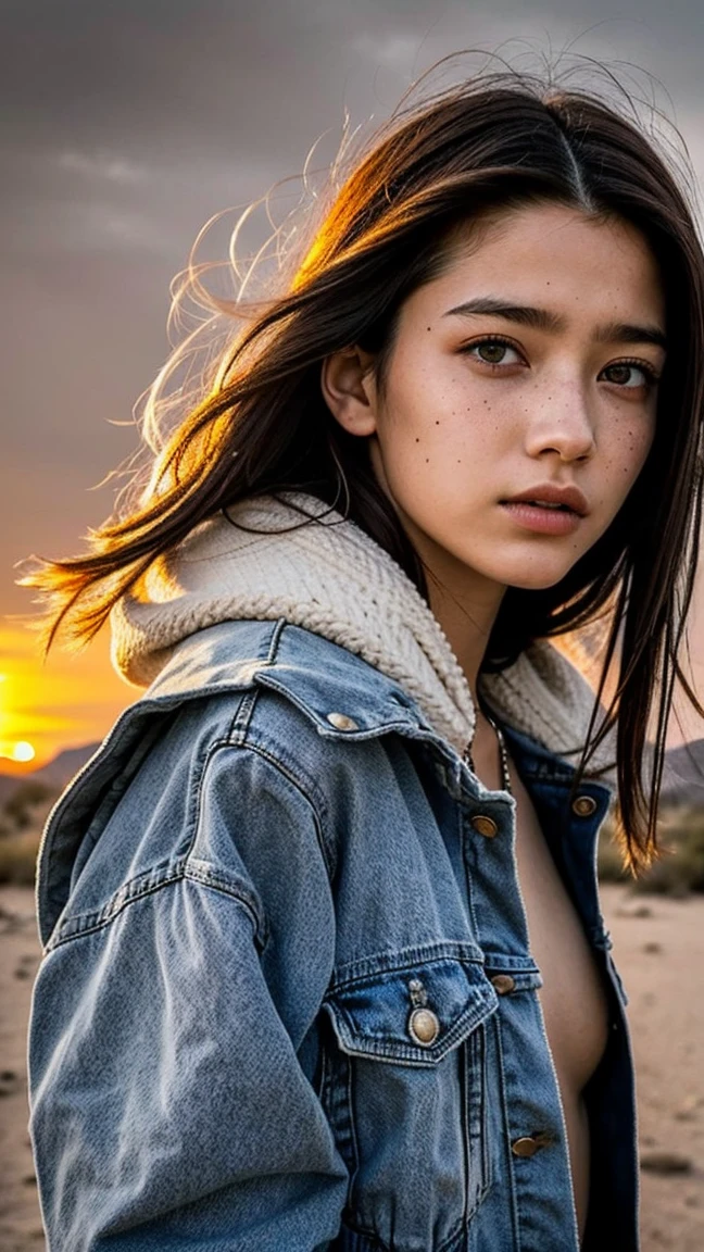 masterpiece, Transition to a desert landscape at sunset, a lonely figure, A beautiful 13-year-old American teenager emerges wearing beautiful post-apocalyptic nomadic clothes., White skin, by rubio, gray blue eyes, Freckles in the face, slim body for running, small breasts, Very detailed face, ultra realistic face, very beautiful face, clean but tired face, post-apocalyptic clothing. Layers of tattered fabric, unconventional accessories, and a worn appearance create an aura of survival and resistance., 16k, ultra high resolution.photorealistic, HD, raw, DSLR
