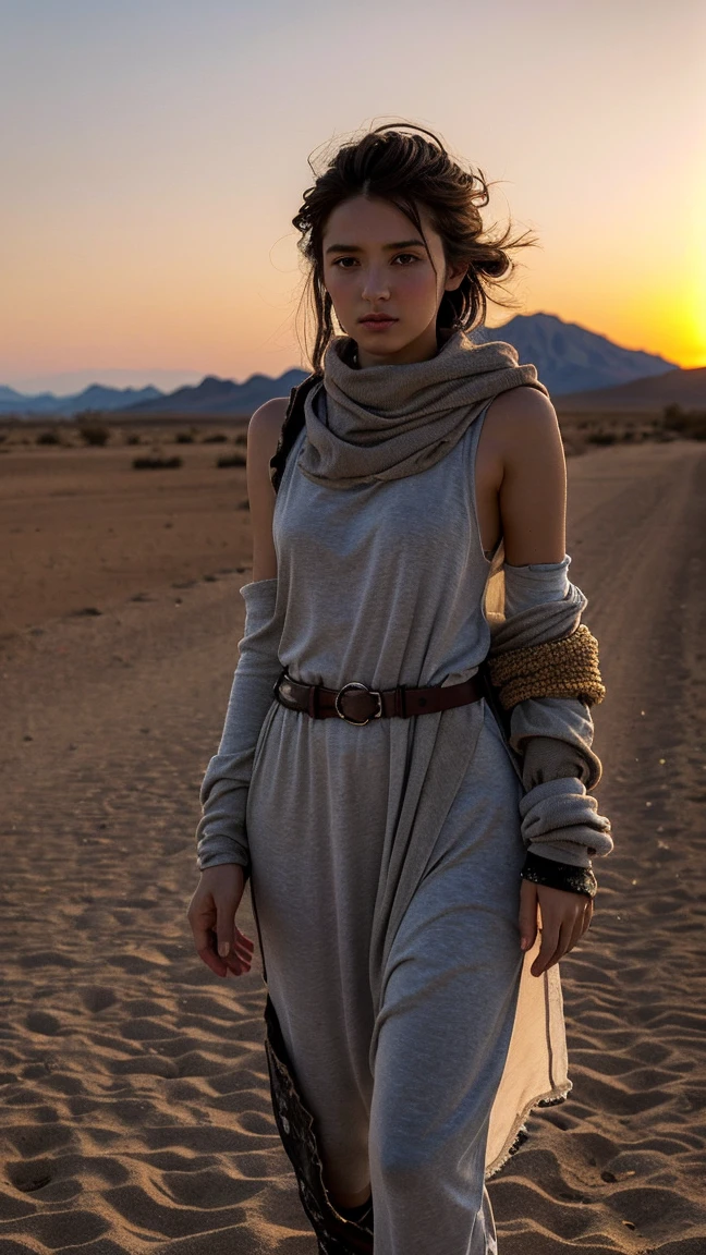 masterpiece, Transition to a desert landscape at sunset, a lonely figure, A beautiful 13-year-old Ukrainian teenager emerges wearing beautiful post-apocalyptic nomadic clothes., White skin, by rubio, gray blue eyes, Freckles in the face, slim body for running, small breasts, Very detailed face, ultra realistic face, very beautiful face, clean but tired face, post-apocalyptic clothing. Layers of tattered fabric, unconventional accessories, and a worn appearance create an aura of survival and resistance., 16k, ultra high resolution.photorealistic, HD, raw, DSLR
