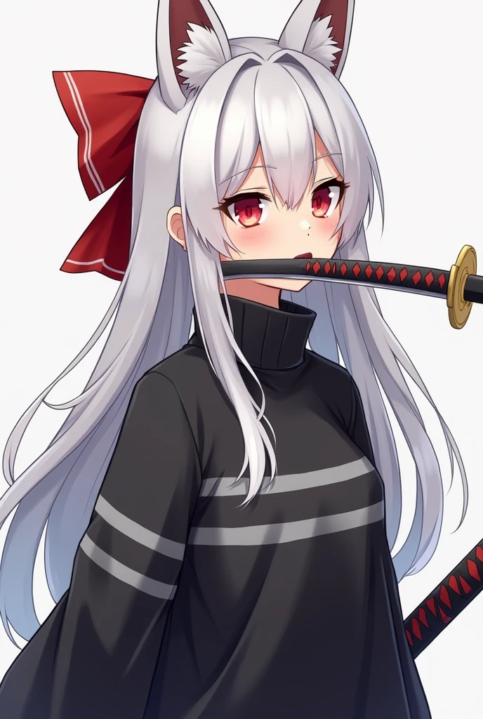 A girl waring black sweater with gray horizontal stripes, a red bow on the back of the head and have white long hair , have white kitsune ears holding a katana in her mouth