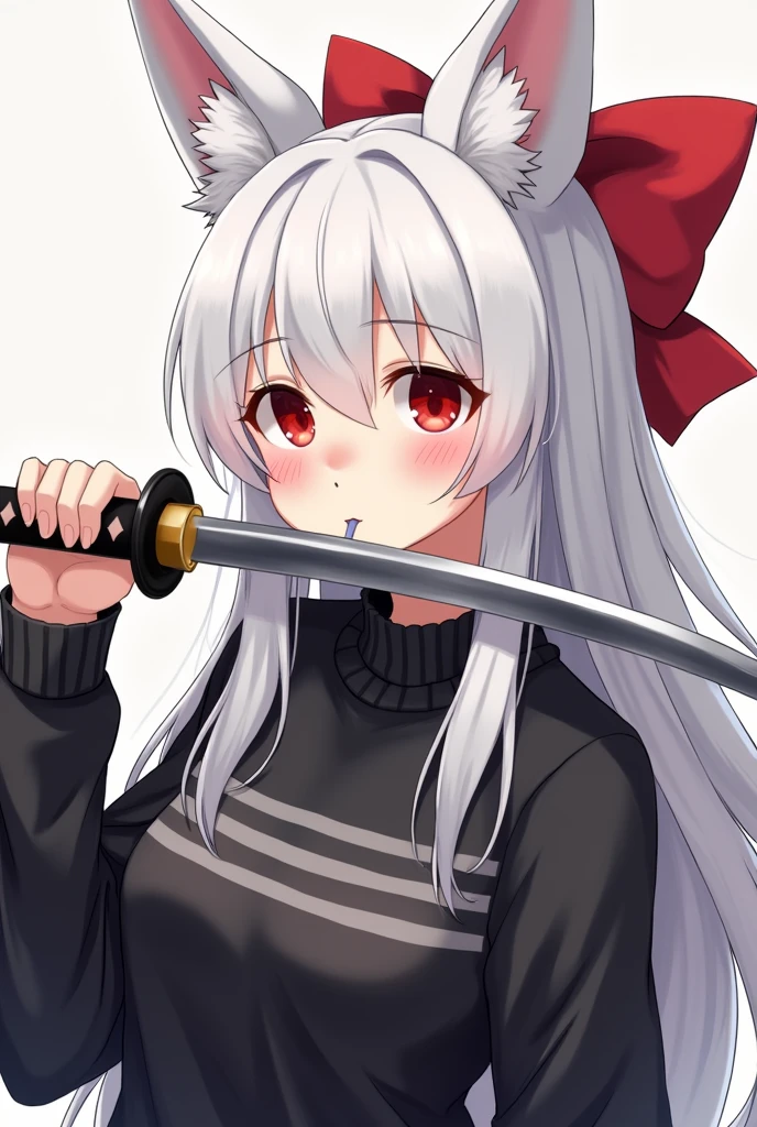 A girl waring black sweater with gray horizontal stripes, a red bow on the back of the head and have white long hair , have white kitsune ears holding a katana in her mouth