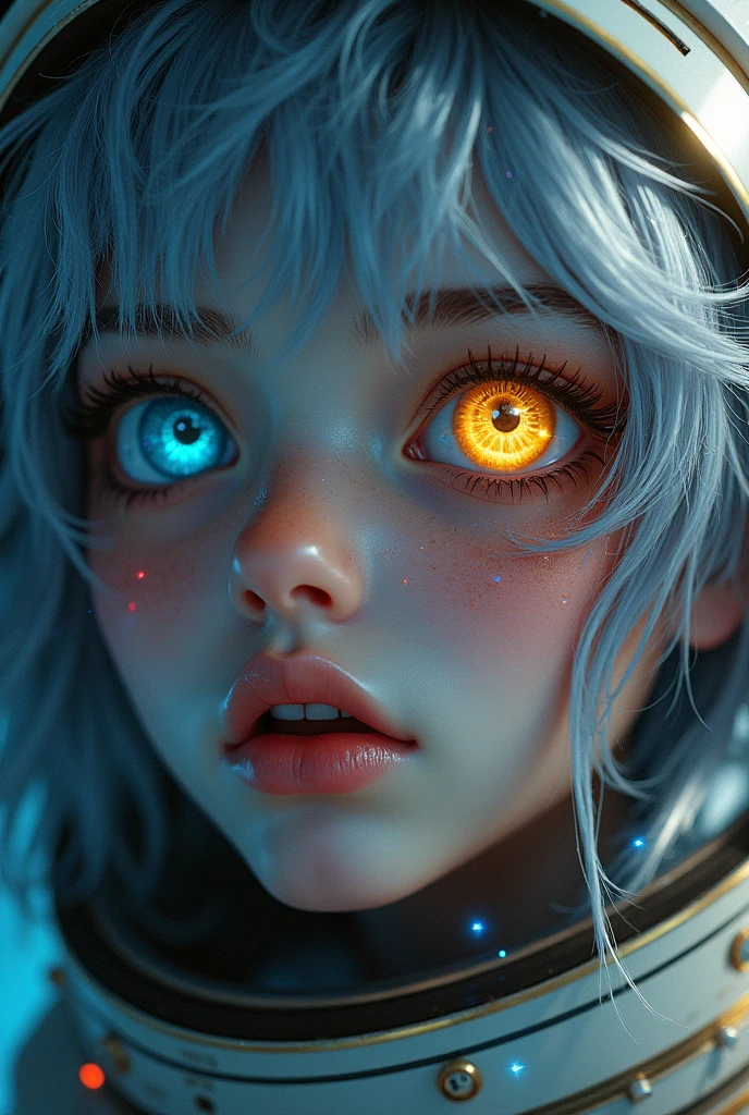 (Close-up of a better masterpiece:1.5)0.9], (Space and astronauts:1.2) (Messy silver hair:1.1) (Heterochromia xanthochromia and blue eyes:1.2) (Space Helmet:1.0) (Colored stars in the eyes:1.0) (A radiant glow:1.1) (thick lips:0.9)