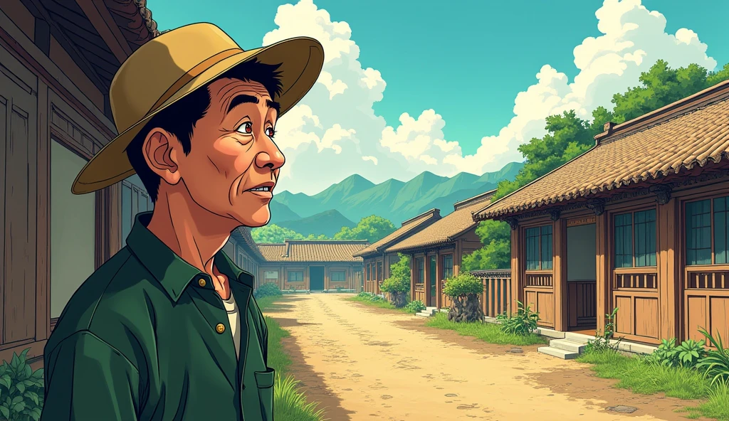 Create a dynamic and vivid comic book style illustration reminiscent of Hayao Miyazaki's distinctive style of an elderly Chinese farmer looking out over the stable (corral) Void, Expressions of surprise should be seen on your face, next to you are the neighbors who are also surprised.