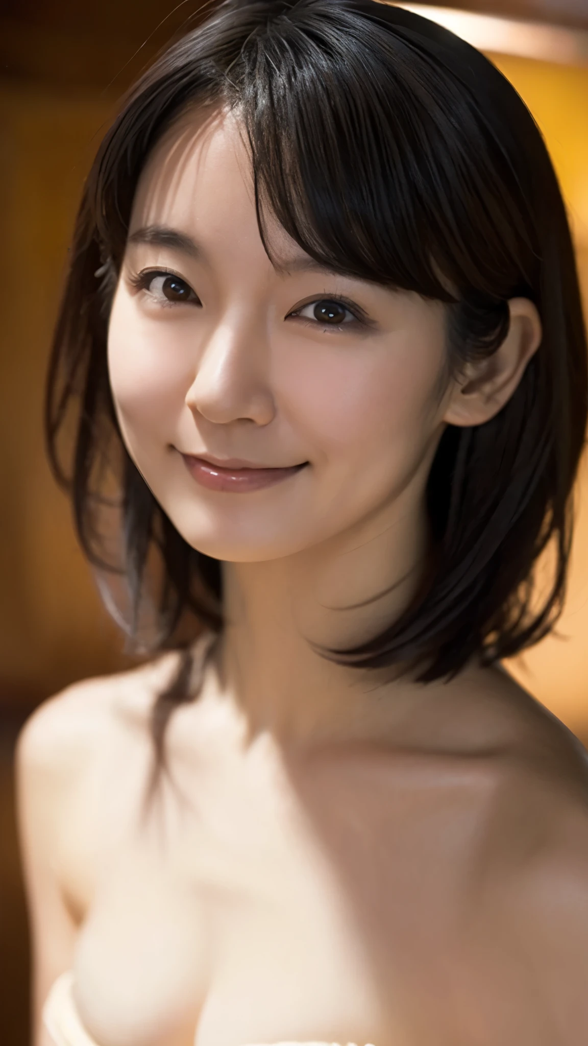 beautiful japanese woman, 30 years old, medium short length brown hair, medium sized breasts, beautiful detailed eyes, beautiful detailed lips, extremely detailed face, small head, small areola, smiling,cinematic lighting, photorealistic, 8k, high quality, hyper detailed, (rough skin:1.3), look at me, spread legs,riho yoshioka