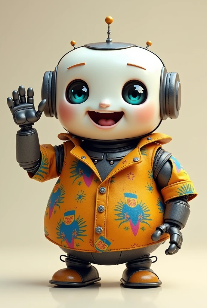 Chubby little friendly robot wearing a Colombian shirt and waving with one hand