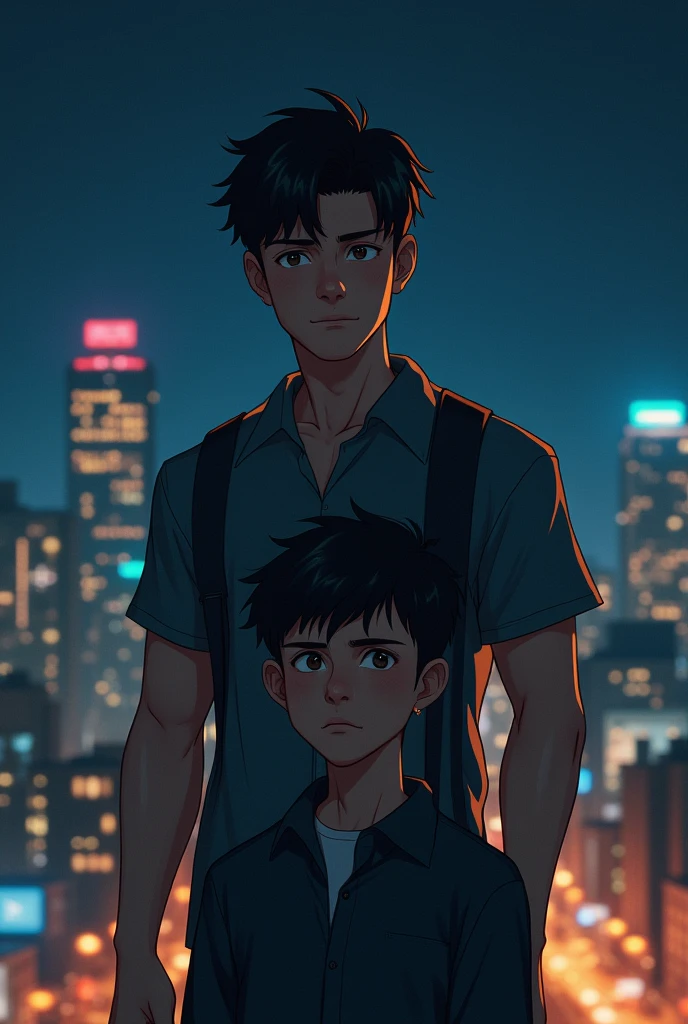 Create an image of two boys one is tall , muscular and handsom looking preety but second one is fat guy, ugly ,looking tired and not tall ( tall guy is behind the fat guy) ( generate in night scene) ( in background there would be too many lighted building)